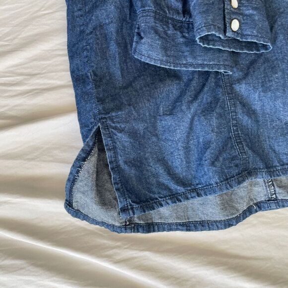 Ellos Western Denim Midi Dress Sz S/M Pearl Button Roll Tab Peasant Cottagecore - Picture 8 of 14